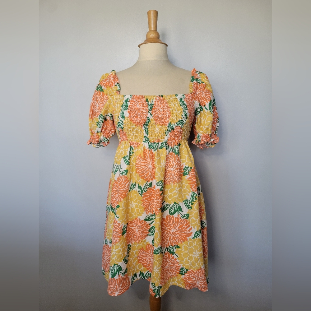 House of Harlow 1960 Linen Babydoll Floral Smocked Puff Sleeve Dress SZ M